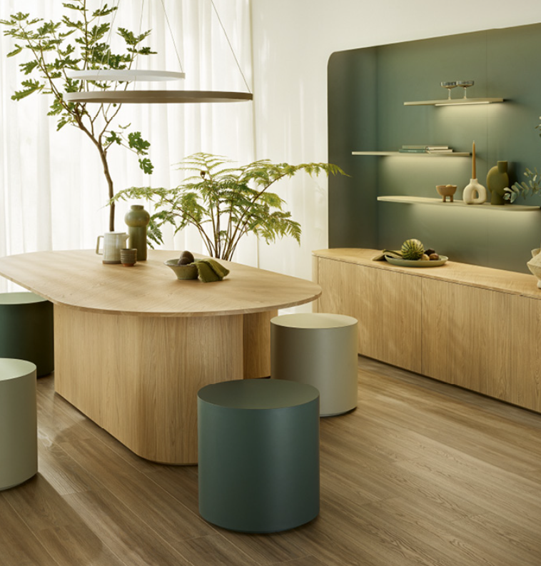 Salon contemporain aménagé par Arca Menuiseries avec mobilier en bois et décoration végétale.