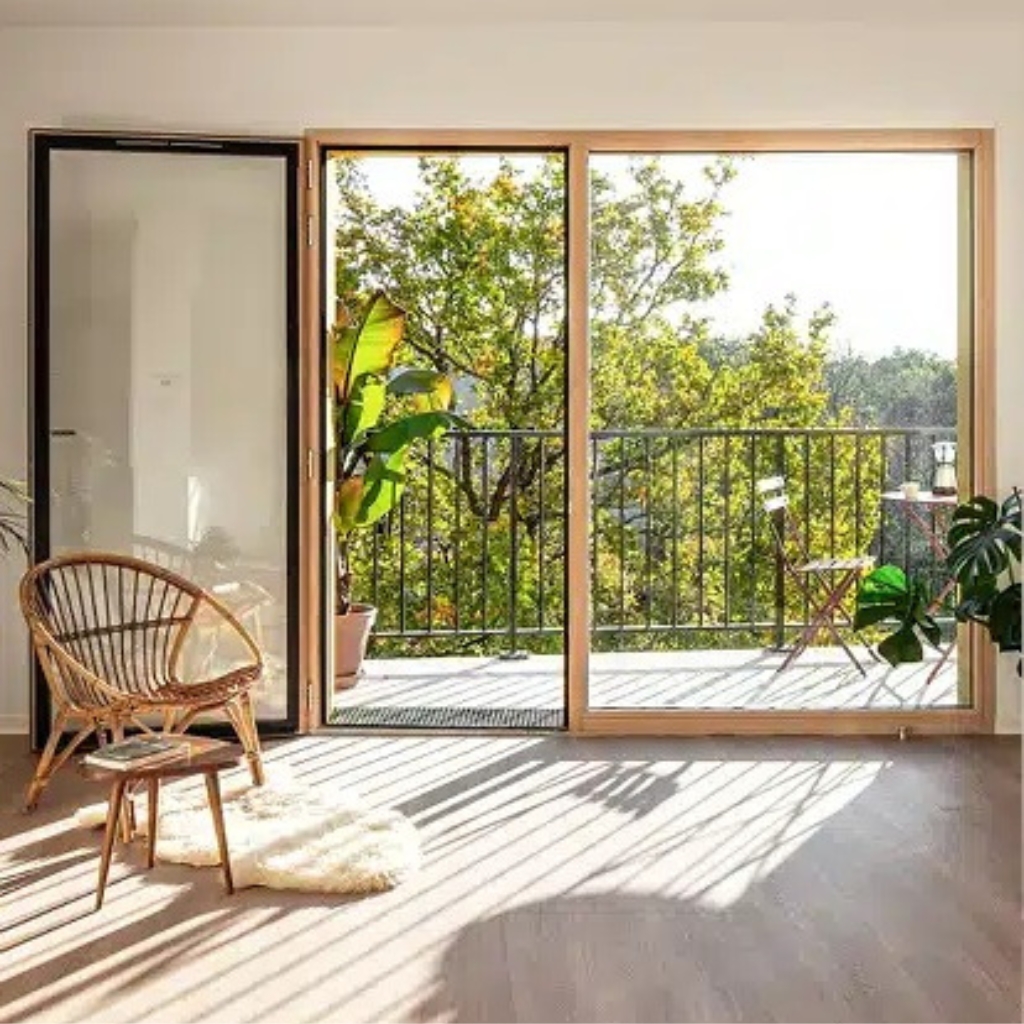 porte fenetre en bois avec vue panoramique sur jardin, installée par Arca Menuiseries.